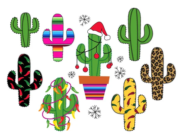 Collezione Silhouette Cactus Leopardo Strisce Serape Natale Peperoncino Modello Illustrazione — Vettoriale Stock