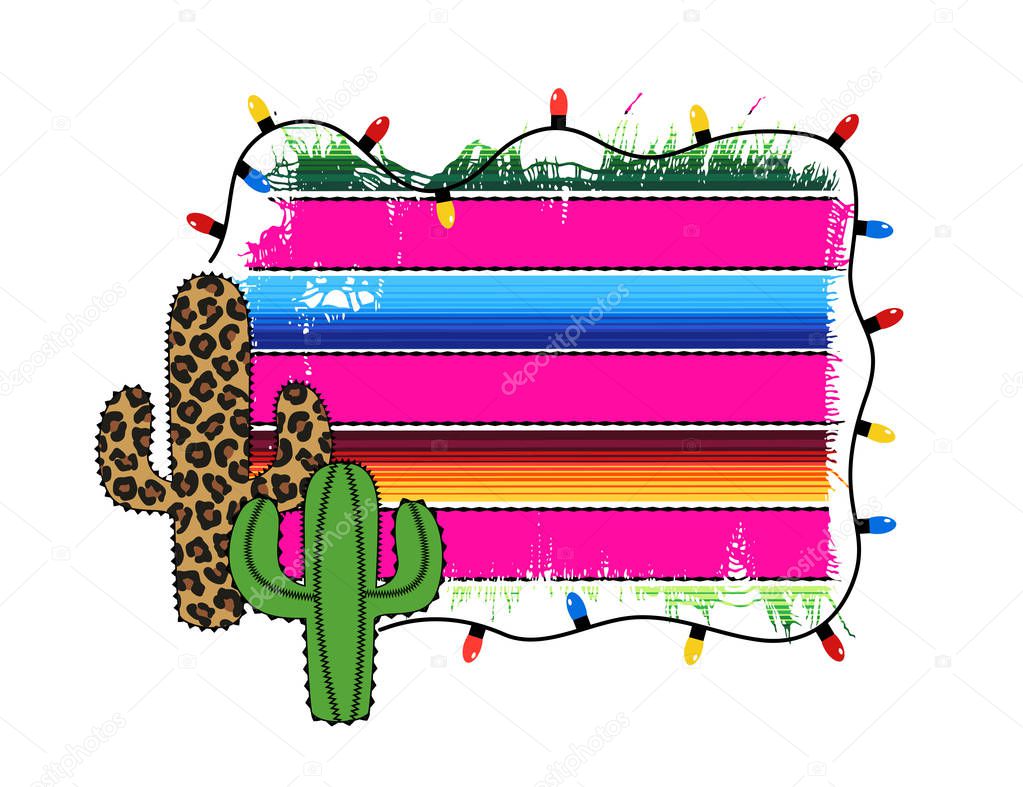Festive frame with a cactus tree and Serape fabric and garland with light bulbs. Vector illustration.