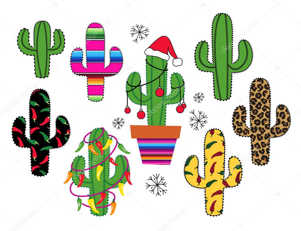     Silhouettes collection of Cactus . Leopard,  stripes Serape,  Christmas and chili peppers pattern. Vector illustration. Clip Art.