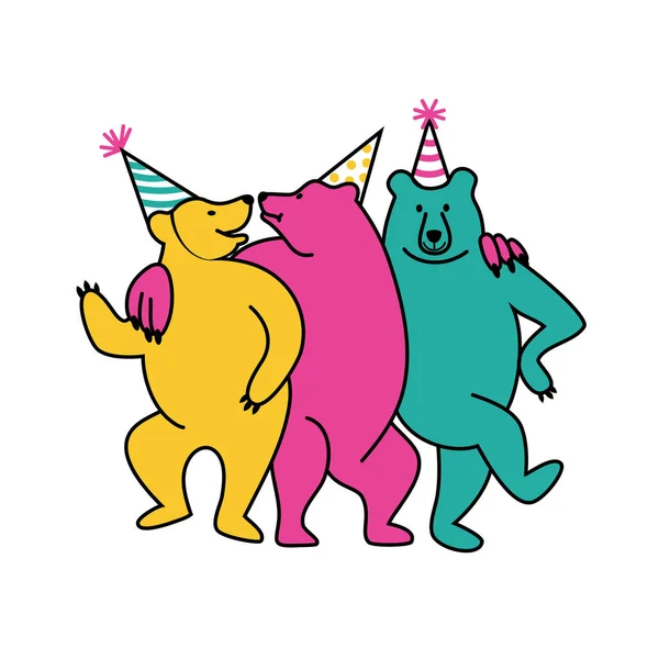 三只披着生日帽的滑稽熊 生日聚会和庆典的概念 矢量说明 — 图库矢量图片