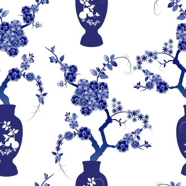 Blue White Chinese Vases Flowering Branches Vector Seamless Pattern Floral — 스톡 벡터