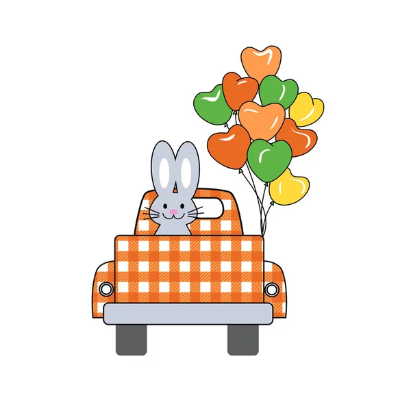 Hasen Büffel Karierte Lkw Ostern Design Kaninchen Auto Und Luftballons — Stockvektor
