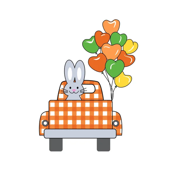 Bunny Buffalo Plaid Truck Easter Design Coniglio Macchina Mucchio Palloncini — Vettoriale Stock