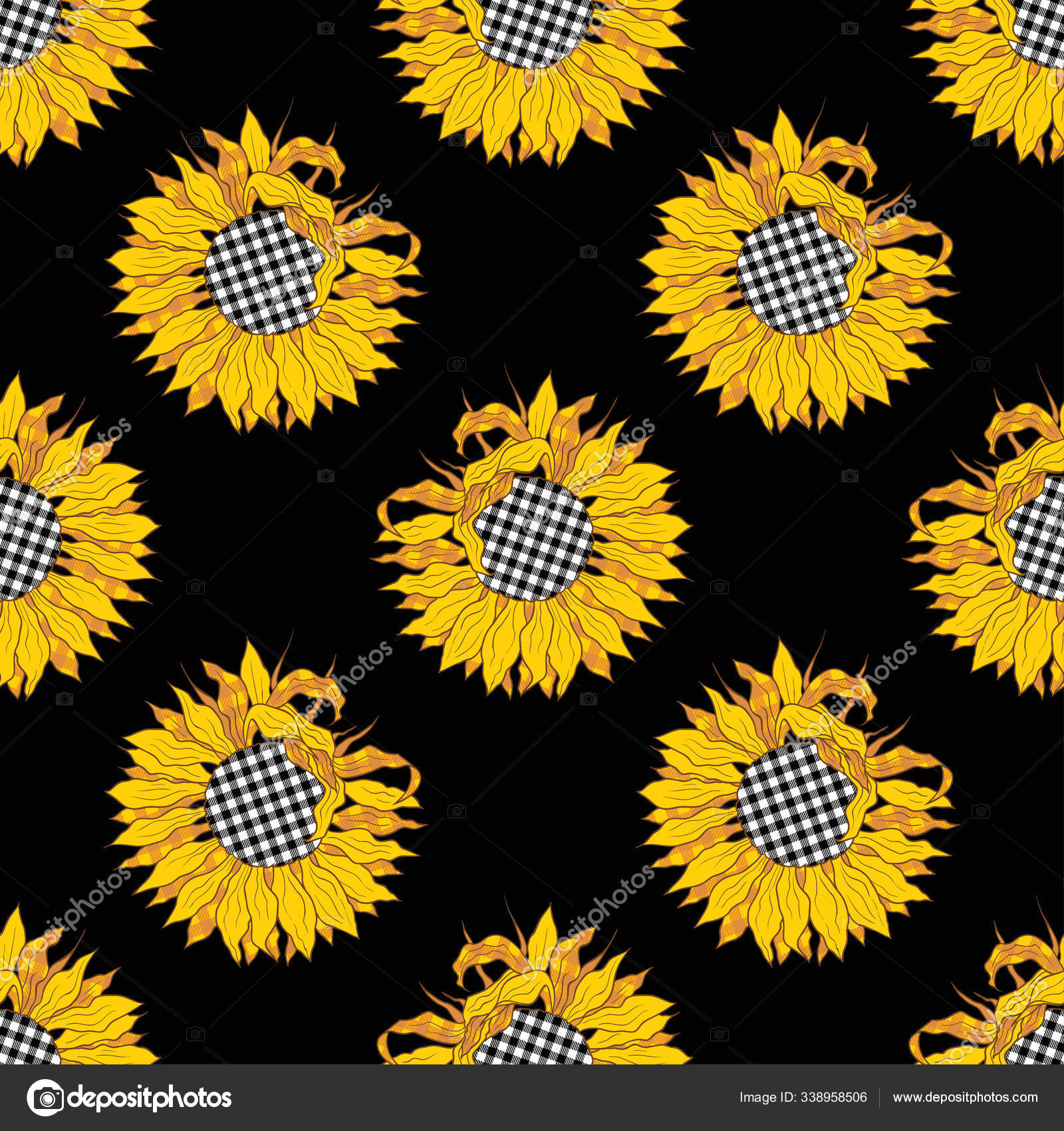 Buffalo Plaid Sunflowers Black Background Vector Seamless Pattern