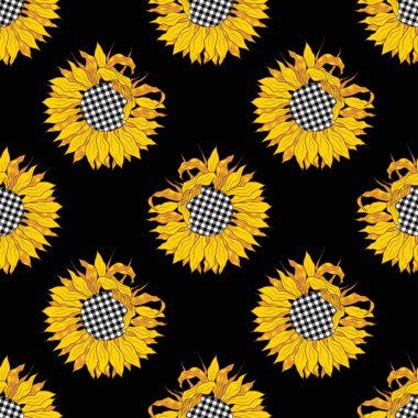 Siyah arka planda bufalo ayçiçekleri. Vektör kusursuz desen. Çiftlik evi dekoru.