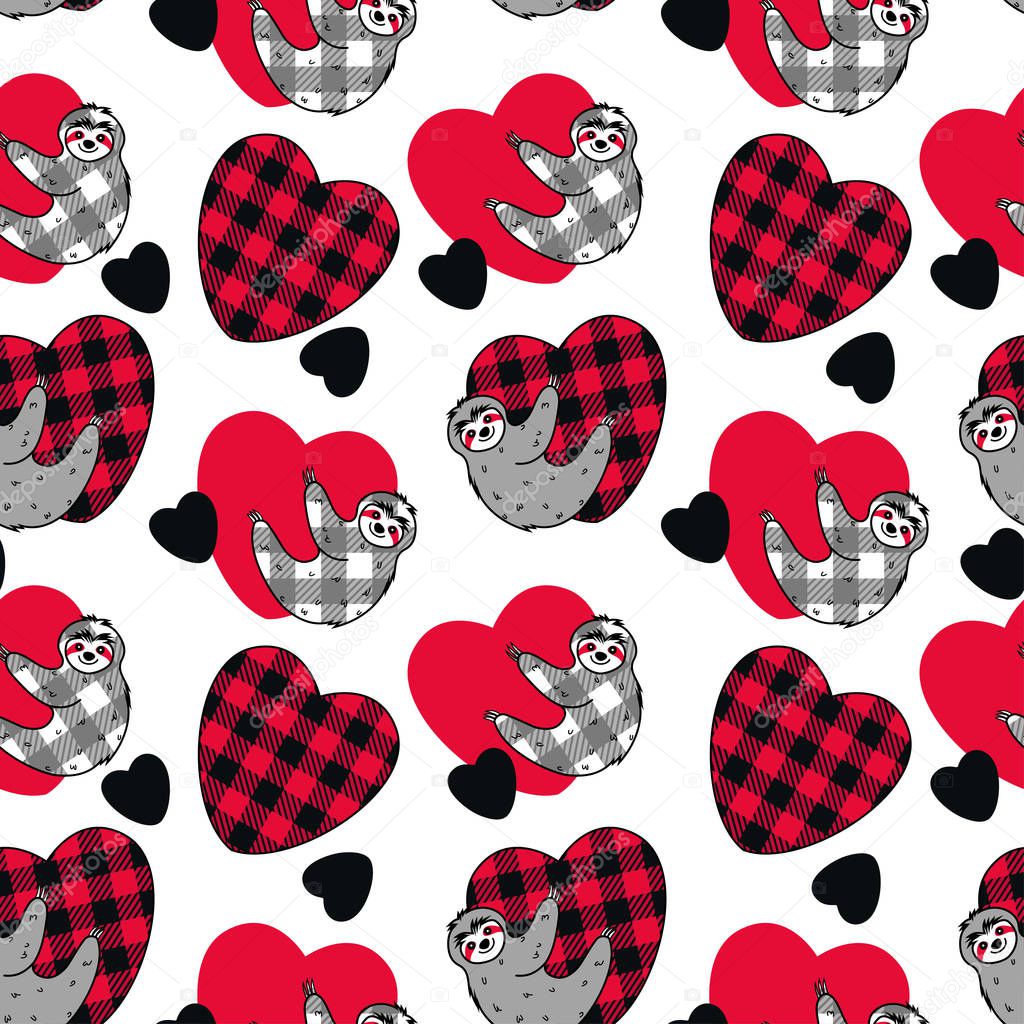 Cute sloth hanging on a checkered heart. Vector seamless pattern. Cartoon style.