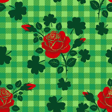 Vahşi İrlanda Gülü. St. Patrick 'in kusursuz deseni. Arkaplanda tomurcuk ve yonca yaprakları olan kırmızı bir gül. Vektör dokusu.