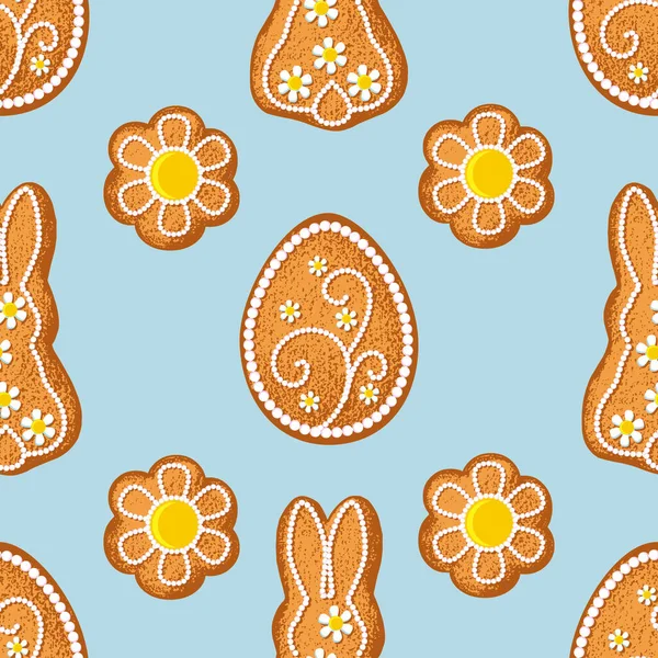 Yumurta Tavşan Farklı Desenli Çiçekler Vektör Kusursuz Desen Paskalya Zencefilli — Stok Vektör