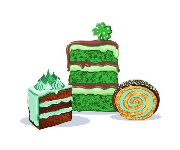 おいしい聖パトリックの日緑のデザートミントチョコレートケーキとビスケットロール 白い背景に孤立したオブジェクトのセット ベクターイラスト — ストックベクタ