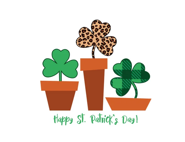 Patrick Clover Flowers Design Shamrocks Groen Luipaard Geruit Bloempotten Vakantie — Stockvector