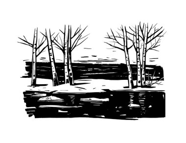 Spring snowmelt. Landscape with birches and snowbreak on river. Vector black and white illustration.Thaw sketch. clipart