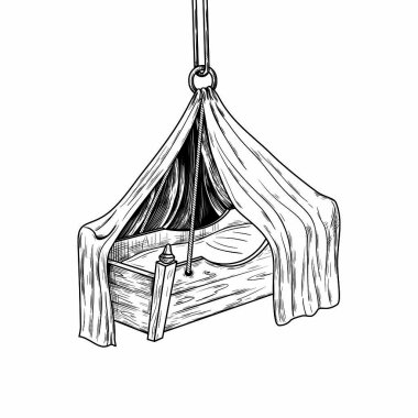 Vintage asılı bebek beşiği ve tenteli. Oymalı vektör çizimi. Beyaz arkaplana mürekkep çizimi nesnesi. Geçmişe dönüş. Çocuk odası..