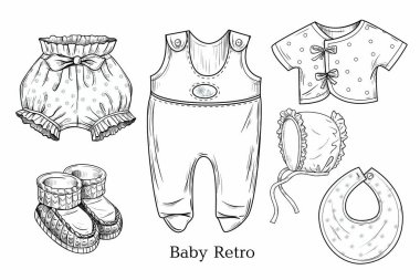Vintage baby clothes. Engraved vector sketches. Ink drawing objects on a white background. Retro. clipart