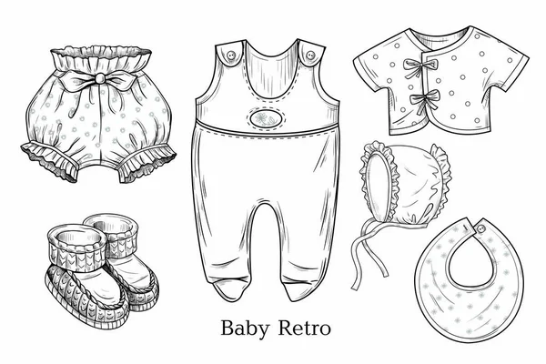 Vintage Babykleertjes Gegraveerde Vectorschetsen Inkttekening Objecten Een Witte Achtergrond Terugwerkende — Stockvector