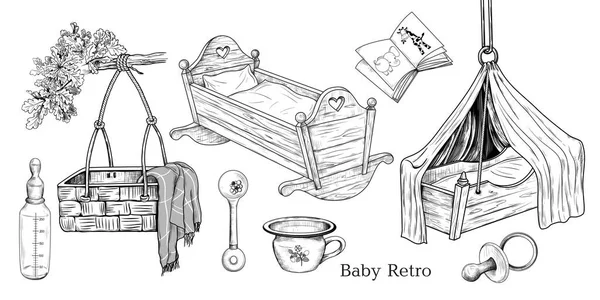 Vintage Baby Accessoires Retro Kollektion Tuschezeichnungen Verschiedener Objekte Auf Weißem — Stockvektor
