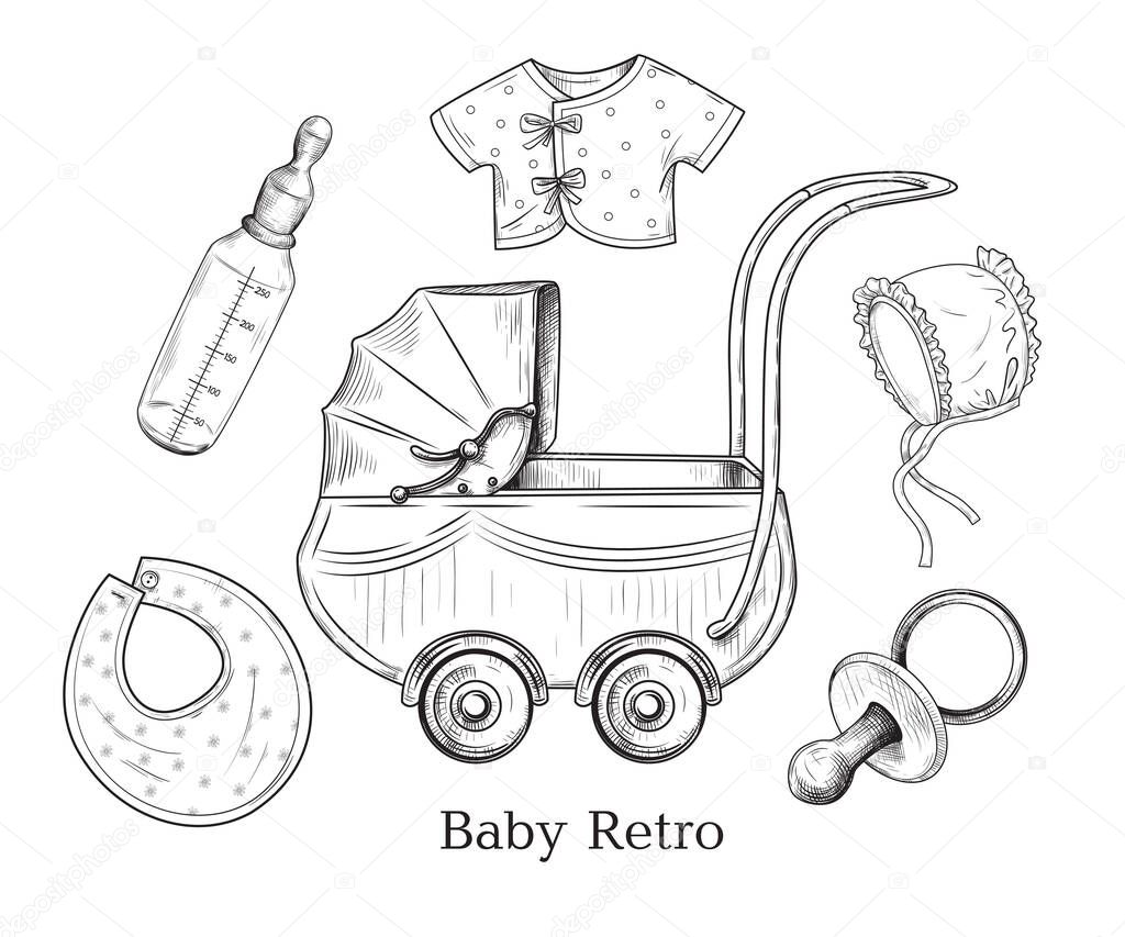 Vintage baby accessories. Retro collection. Ink drawings of various objects on a white background. Engraved vector sketches.   