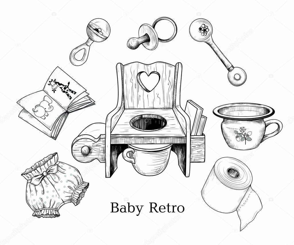 Vintage baby accessories. Childish toilet. Retro collection. Ink drawings of various objects on a white background. Engraved vector sketches.   