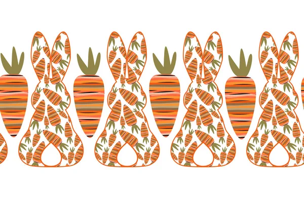 Osterhasen Silhouette Rückseite Und Gestreifte Karotten Vektornahtloses Randmuster Ostergestaltung — Stockvektor