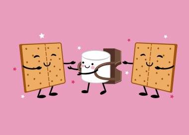  Çikolata sırt çantalı Marshmallow Çizgi Film Karakteri ve Graham Krakerleri. Pembe arka planda izole edilmiş nesneler..