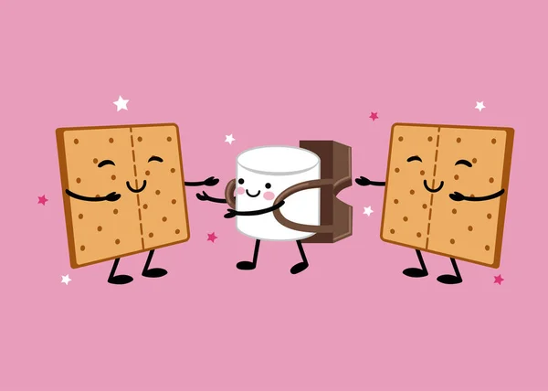 Karakter Kartun Marshmallow Dengan Ransel Coklat Dan Graham Crackers Smore - Stok Vektor