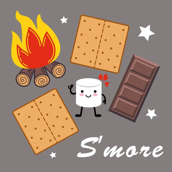 Marshmallow Cartoon Charakter Lagerfeuer Schokolade Und Graham Crackers Smore Vektorillustration — Stockvektor