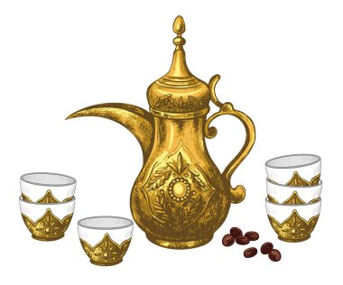Geleneksel Arap kahvesi, kahve fincanları ve kahve çekirdekleri ile Dalla. Klasik tarzda el çizimi vektör rengi çizimi. Beyaz arkaplandaki izole nesneler.