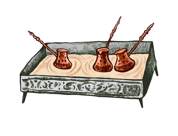 Tres Cezves Cobre Arena Caliente Preparación Café Tradicional Turco Ilustración — Vector de stock