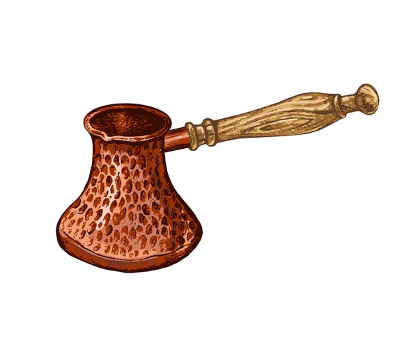采购产品土耳其咖啡壶 切兹夫 Ibrik 手工锤打铜咖啡壶 白色背景上手工绘制的矢量对象 彩色古埃及素描 — 图库矢量图片