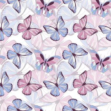  Pastel renklerde kelebeklerle kusursuz bir desen. El çizimi vektör tasarımı.