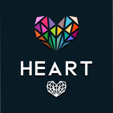 Kalbi bir renkli elmas gibi. İllüstrasyon kalp gri bir arka plan üzerinde renkli elmas olarak.