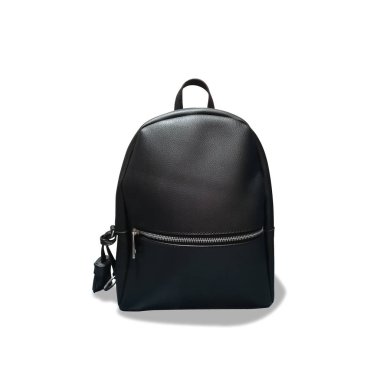 Siyah deri sırt çantası. Beyaz arkaplanda siyah bir sırt çantası.