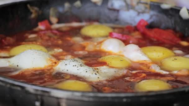 Close Video Boiling Shakshuka — Stock Video