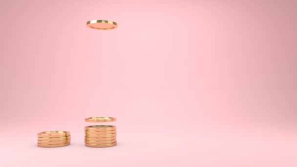 Animation Raising Golden Coins Stacks Pink Background Money Saving Economy — 비디오