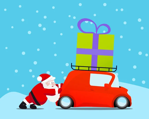 Weihnachtsmann schiebt Weihnachtsauto mit Geschenk — Stockvektor