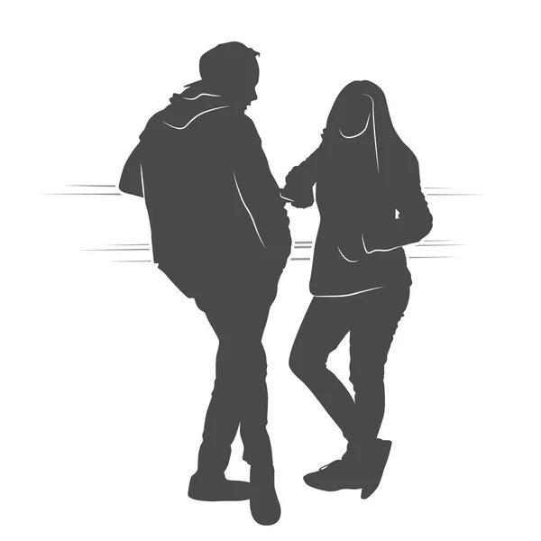 Coppia ragazzo e ragazza parlando e in attesa silhouette — Vettoriale Stock