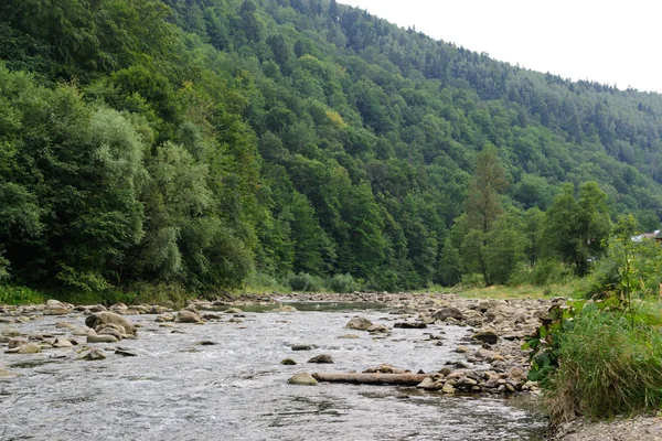 Landskap creek bland stenar omgiven av berg och skogar — Stockfoto