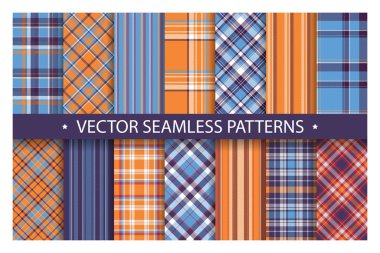 Ekoseli desensiz süsleme. Mavi ve turuncu renk vektörünü ayarla 