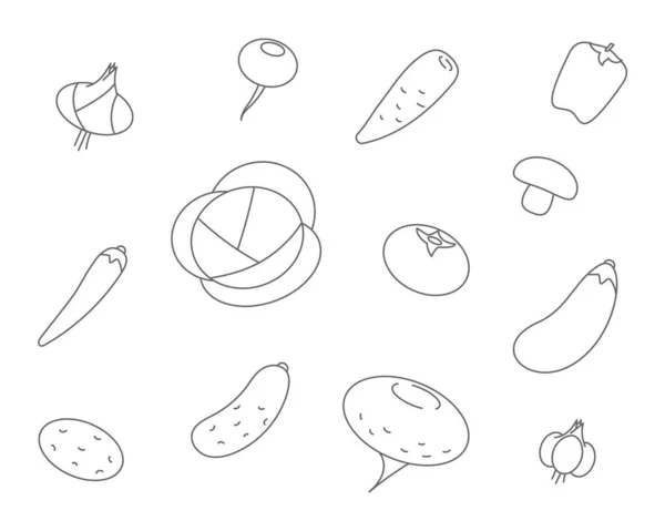 Iconos Línea Verduras Set Vector Icono Col Vegetal Zanahorias Pepino — Vector de stock