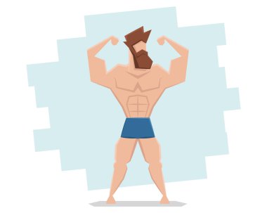 Sakallı ve atletik vücutlu bir hippi. Strongman vektör çizimi. Modern geometrik tasarım düz stil.