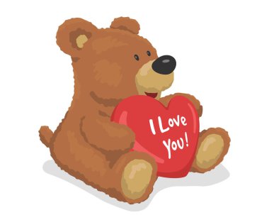 Kahverengi ayıcığın kalbi var. Yazılarına bayılıyorum. Düğün kartları için şablon. Vektör illüstrasyonu.