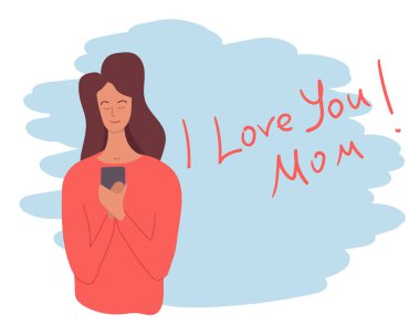 Anne, çocuğundan seni seviyorum diyen bir telefon alıyor. Kartpostal ya da blog şablonu. Vektör illüstrasyonu.