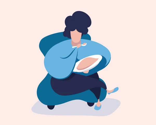 Gruba Kobieta Krześle Jedząca Wysokokaloryczne Jedzenie Ilustracja Wektora — Wektor stockowy