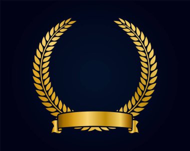 Logo için altın amblem şablonu. Altın dallar ve kurdele. Crown Ödülü. Vektör illüstrasyonu.
