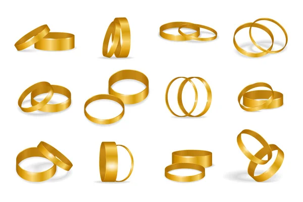 Set Wedding Golden Rings Isolated White Background Realistic Design Gold — Stock Vector