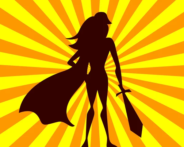超级女性病媒图解 漫画超级英雄女孩与剑 射线背景上的英雄轮廓 — 图库矢量图片