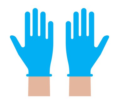 Tıbbi lateks eldiven ikonu takan eller. Virüslere karşı korunma sembolü. Vektör illüstrasyonu.