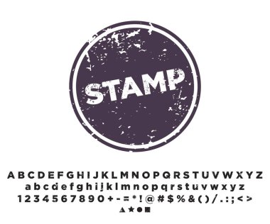 Pul vektör şablonu. Alfabe yazı tipi damgası.