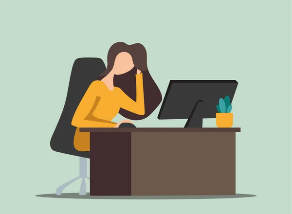 Ofiste Bilgisayarla Çalışan Genç Bir Kadın Vektör Illüstrasyonu — Stok Vektör