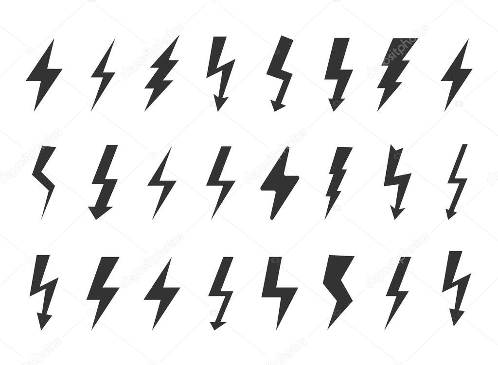 Set of different black and white silhouette lightning icons isolated on white backgraund. Vector illustration. 