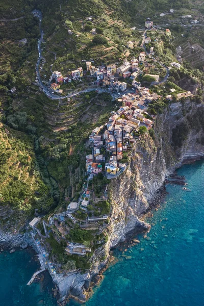 Aerial drone shot view of Corniglia in the morning in Cinque Terre, Italy — 스톡 사진